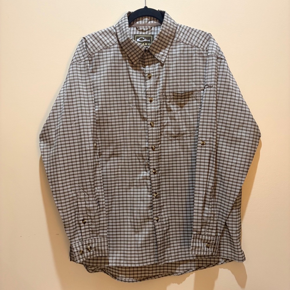 Drake Clothing Company Mens Medium Brown Plaid Performance Fishing‎ Shirt Vented